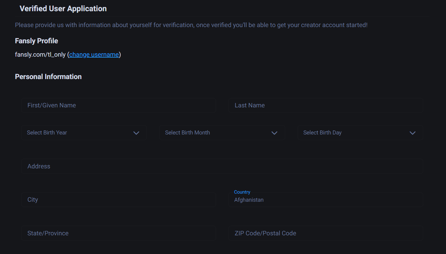 регистрация Fansly - Personal information
